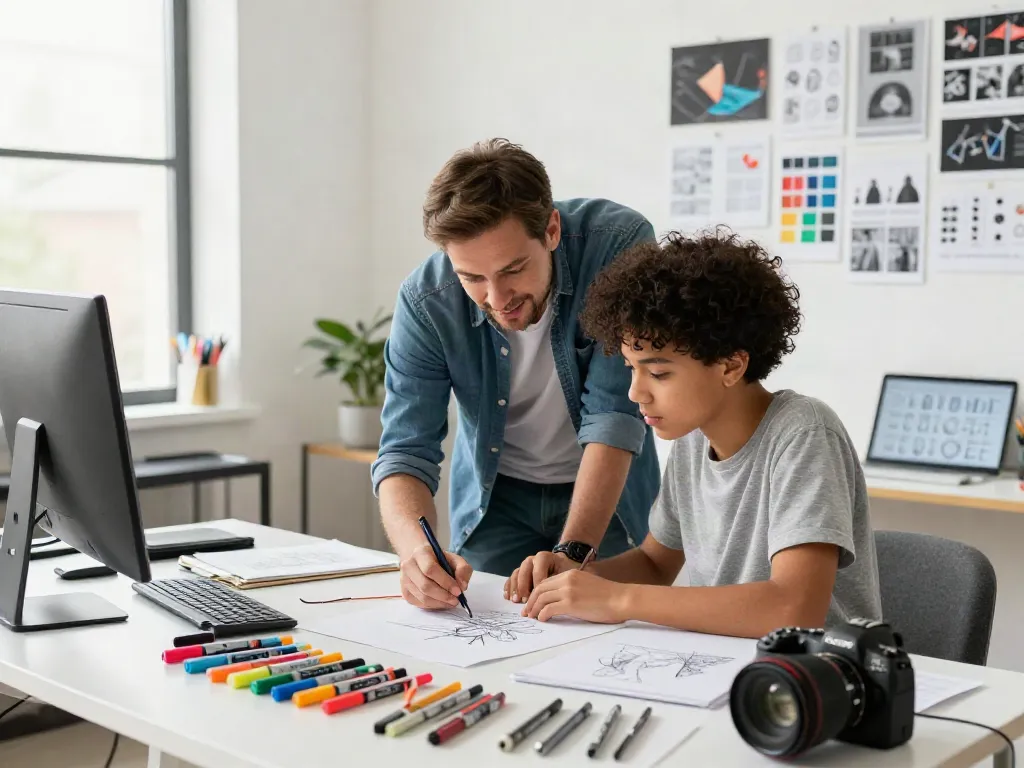 rokok88 alternatif design workspace with mentor guiding a young designer