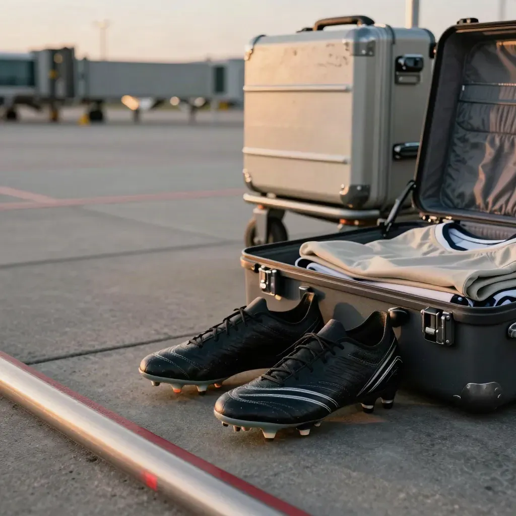 Football boots, open kit case, and crate in an airport loading bay at blue hour