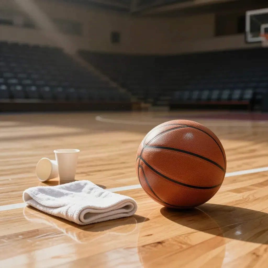 Basketball, towel and paper cup on a quiet court with empty stands