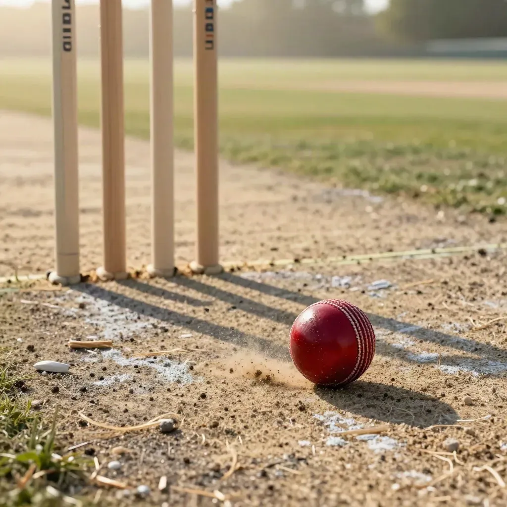 Red cricket ball bites past three stumps on a dusty wicket in warm light.