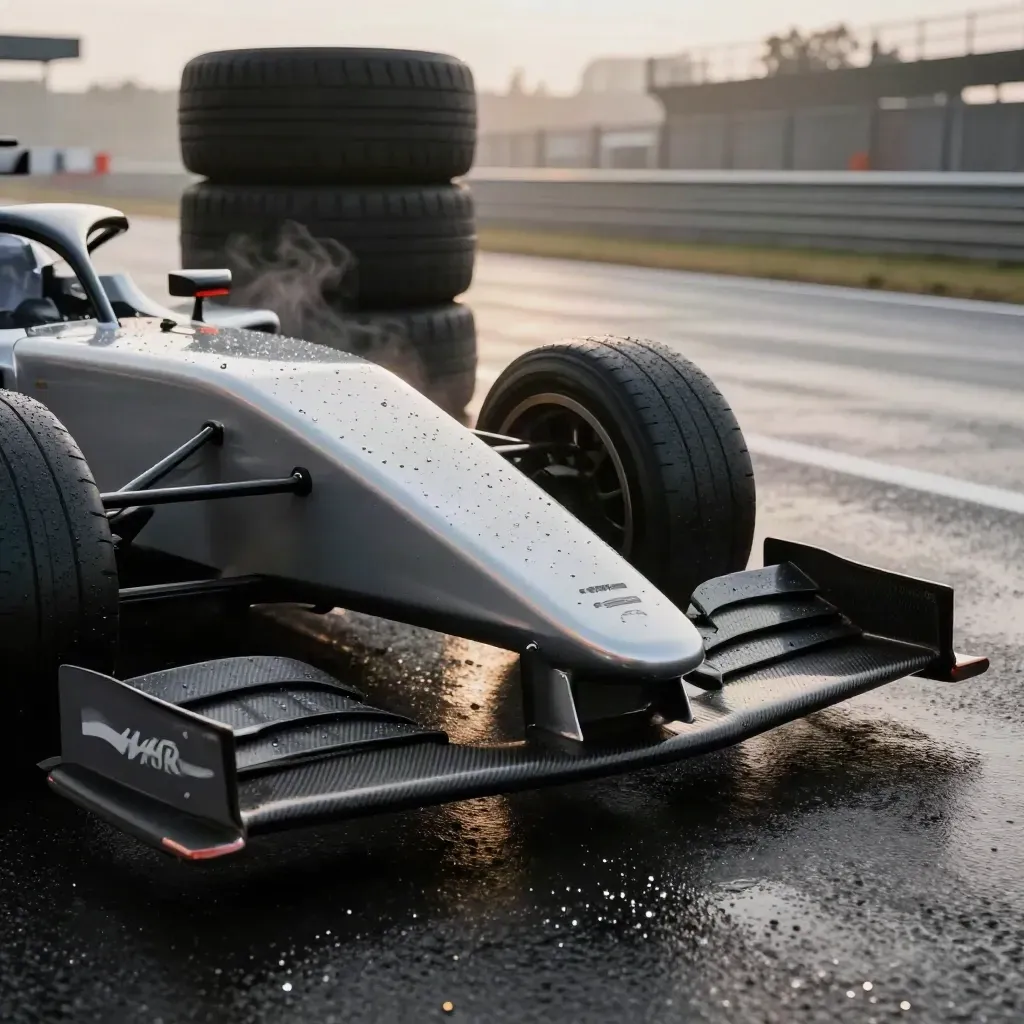 Wet race tires, formula nose, and rubber marbles on a pre-dawn pit lane in the drizzle.