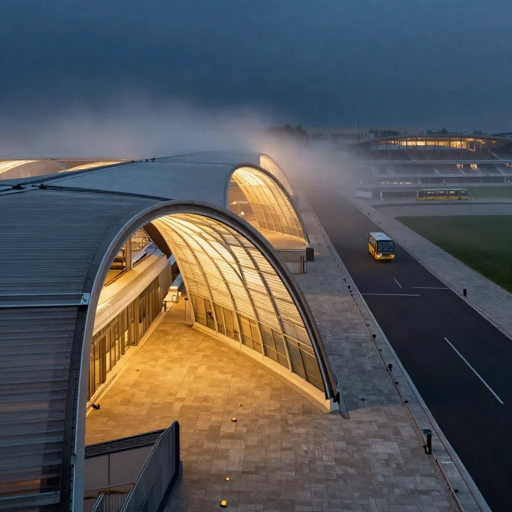 Blue-hour stadium concourse with illuminated arches, mist, and a coach lane to the far stand.