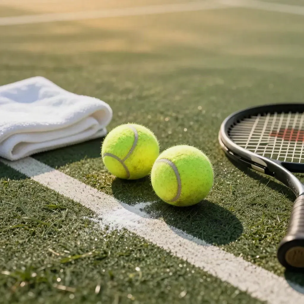 Low-angle tennis balls, towel and racket edge on a sunlit grass court with a fresh chalk fleck.