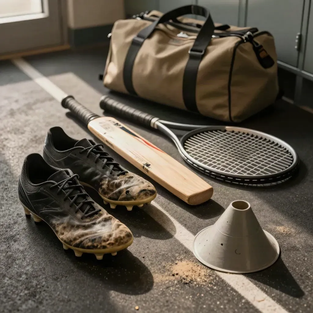 Weekend sports gear fanned out on a dusty floor: boots, bat, racket, shin pad and cone.