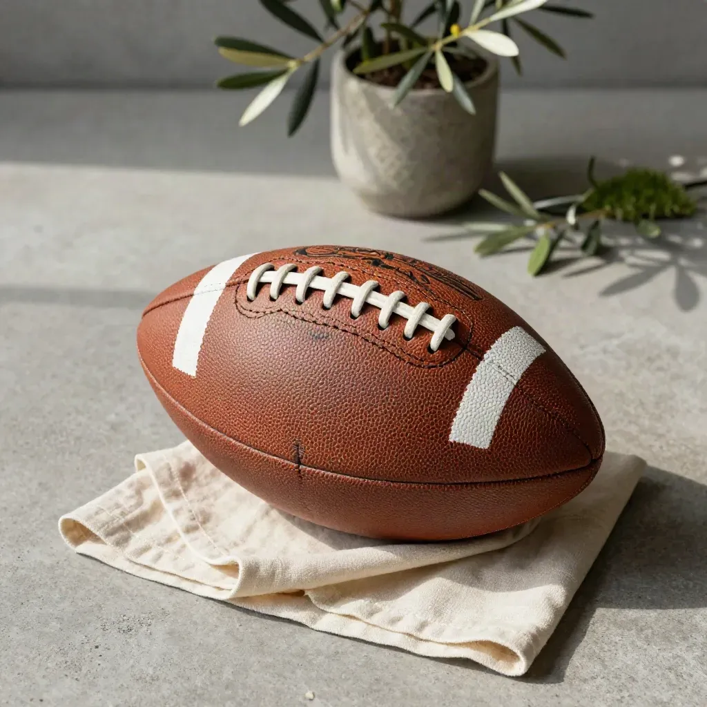 Top-down leather football with linen and an olive plant on concrete.