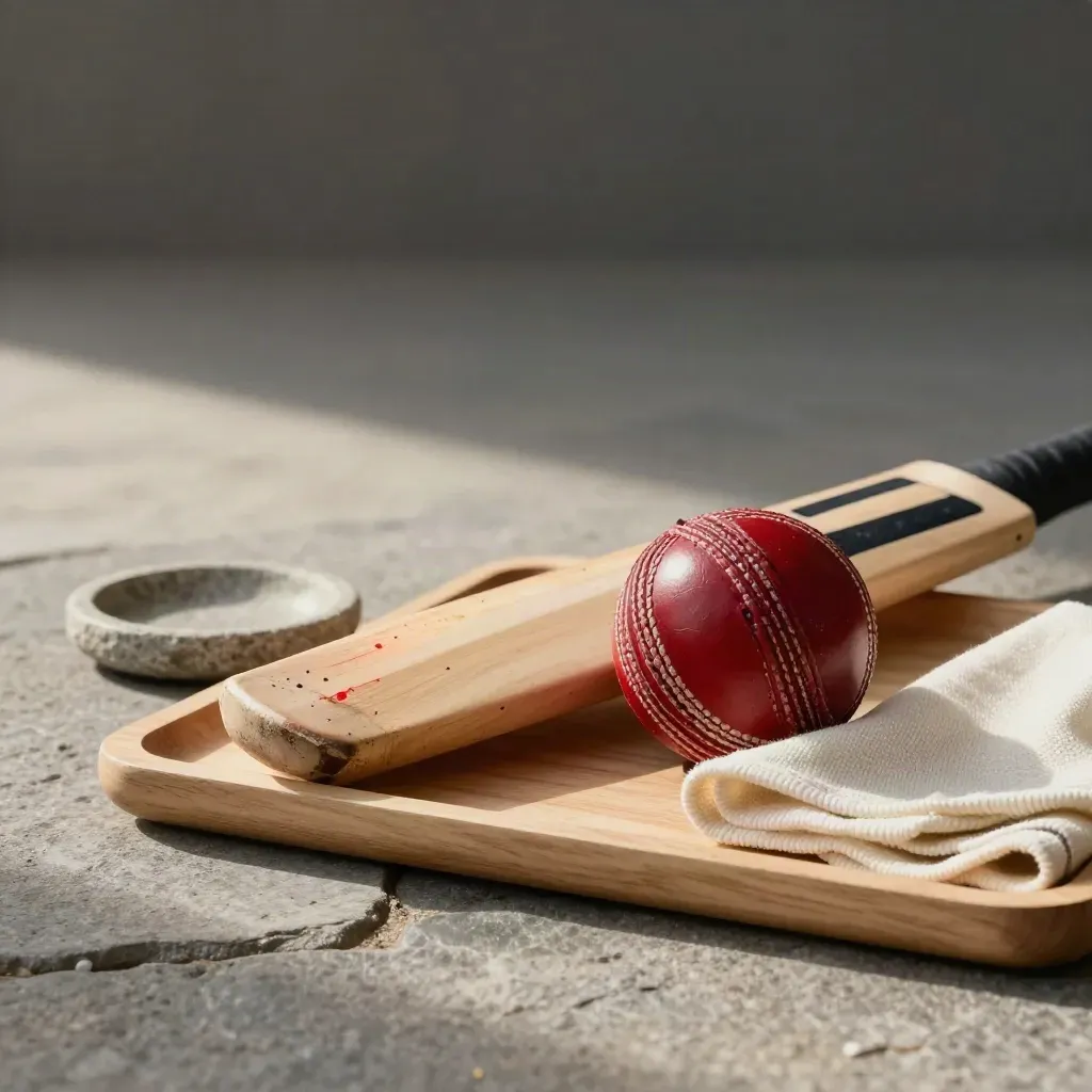 Red cricket ball, bat toe, stone dish and folded cloth on a pale wood tray.