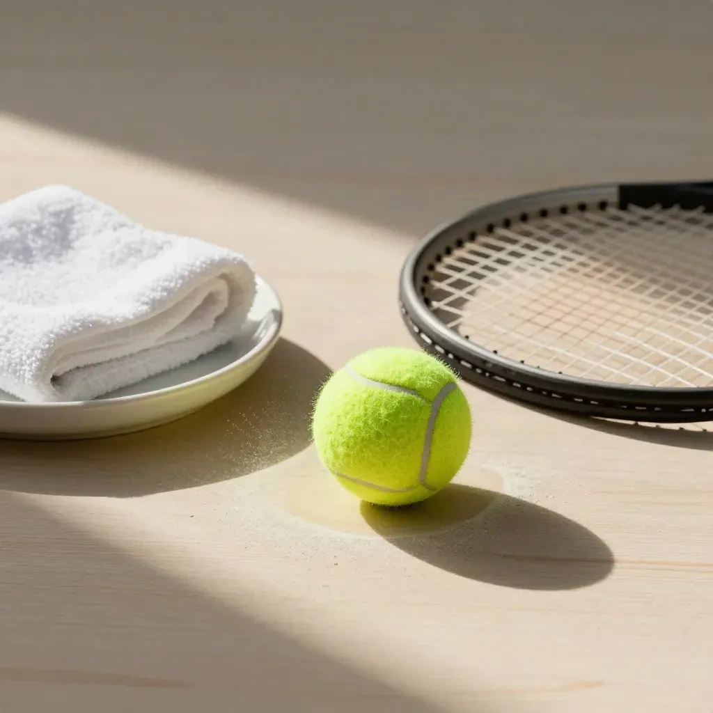 Tennis ball beside racket strings and towel on pale wood, lit by soft side daylight